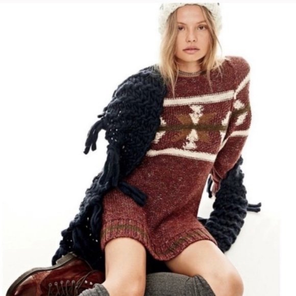 Free People Northern Lights Sweater Dress Wool Linen Blend Boho Cozy Western XS - Picture 13 of 16